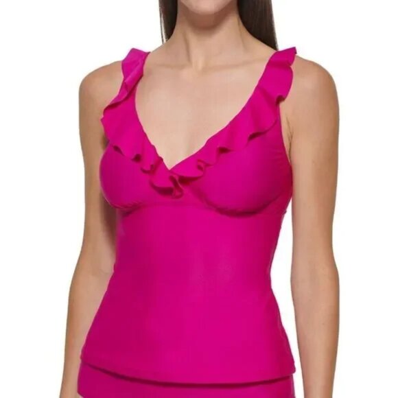 Dkny Other - NEW DKNY V-Neck Ruffle Tankini Swimsuit Top Pink Large